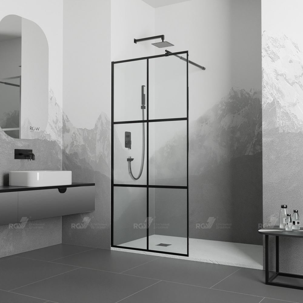 душевой уголок rgw walk-in wa-011b 35101180-84 80x200 стекло прозрачное, с принтом, профиль черный
