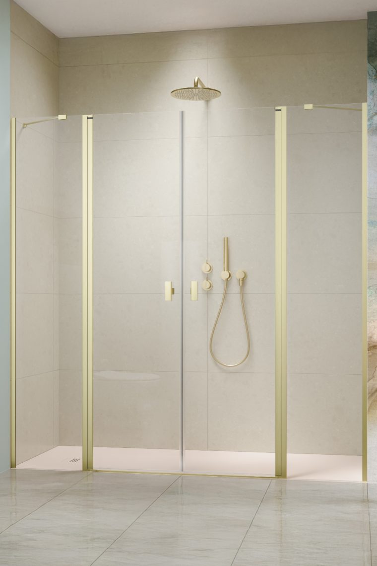 душевая дверь radaway nes 6 brushed light gold dwd ii (dwd ii door 1030+dwd ii front walls 770) 180x200 стекла прозрачные, профиль брашированное светлое золото