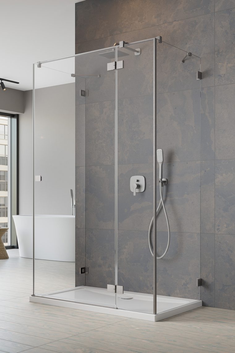 душевой уголок radaway essenza pro brushed nickel kdj+s 120x90 правый, стекла прозрачные, профиль брашированный никель