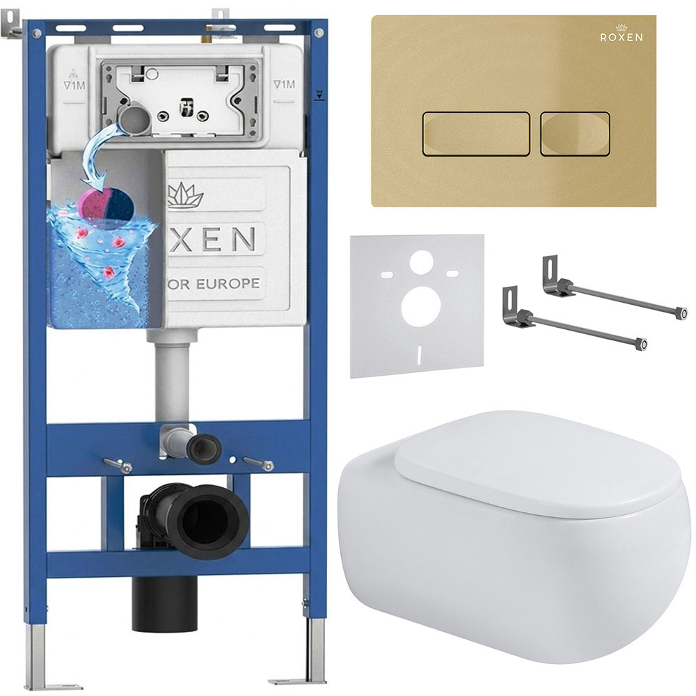 комплект инсталляции roxen 6 в 1 710200 с клавишей смыва roxen caspia 410280gb золото и унитазом titan 530230-02