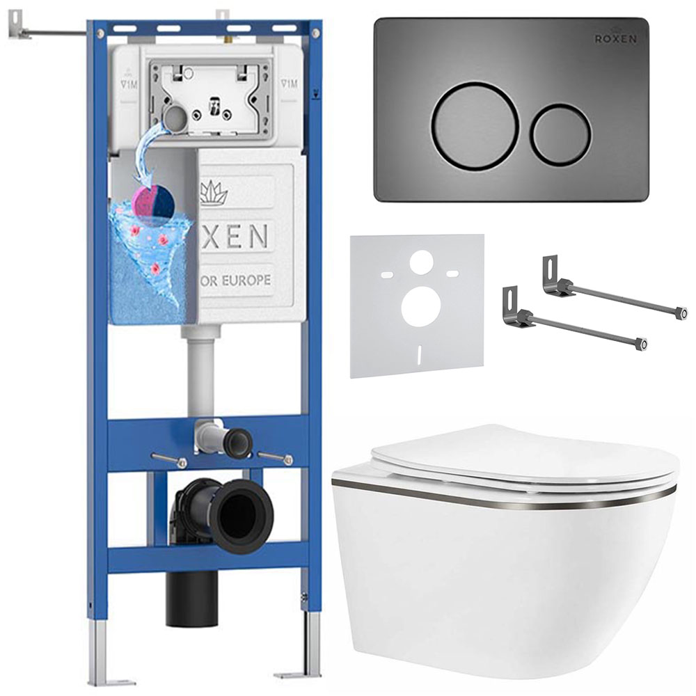 комплект инсталляции roxen 6 в 1 710200 с клавишей смыва steel 420260g оружейная сталь и унитазом roxen antares tornado long 530205-01gm-l