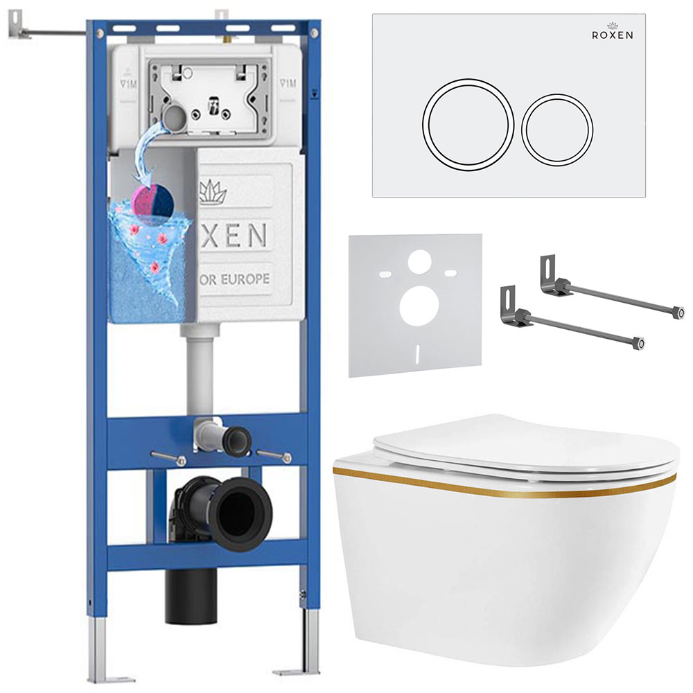 комплект инсталляции roxen 6 в 1 710200 с клавишей смыва santi 410260w белый и унитазом antares tornado 530205-01gb-l