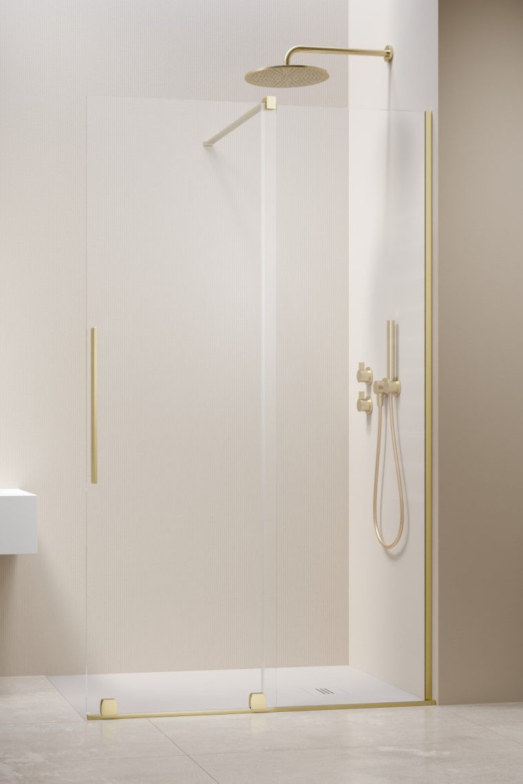 душевой уголок radaway furo brushed light gold walk-in 130x200 правый, cтекла прозрачные, профиль брашированное светлое золото