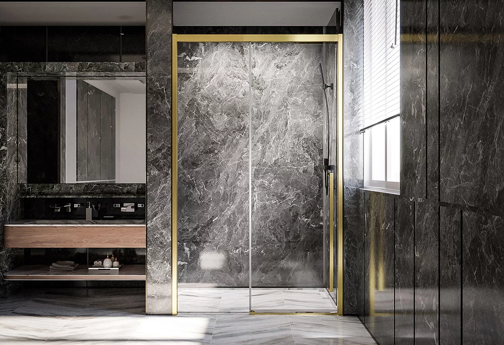 душевая дверь veconi premium trento ptd-30g 150x200 прозрачные стекла / профиль брашированное золото