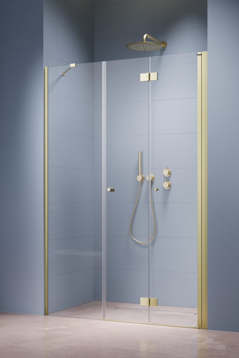 душевая дверь radaway nes 6 brushed light gold dws b (dws b door 650 r+dws b front walls 250) 90x200 правый, стекла прозрачные, профиль брашированное светлое золото
