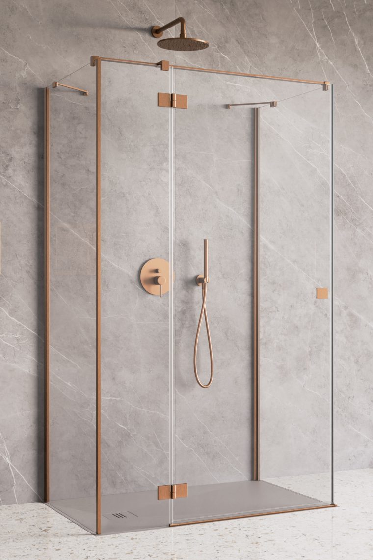 душевой уголок radaway essenza brushed copper kdj+s 120x100 левый, стекла прозрачные, профиль брашированная медь