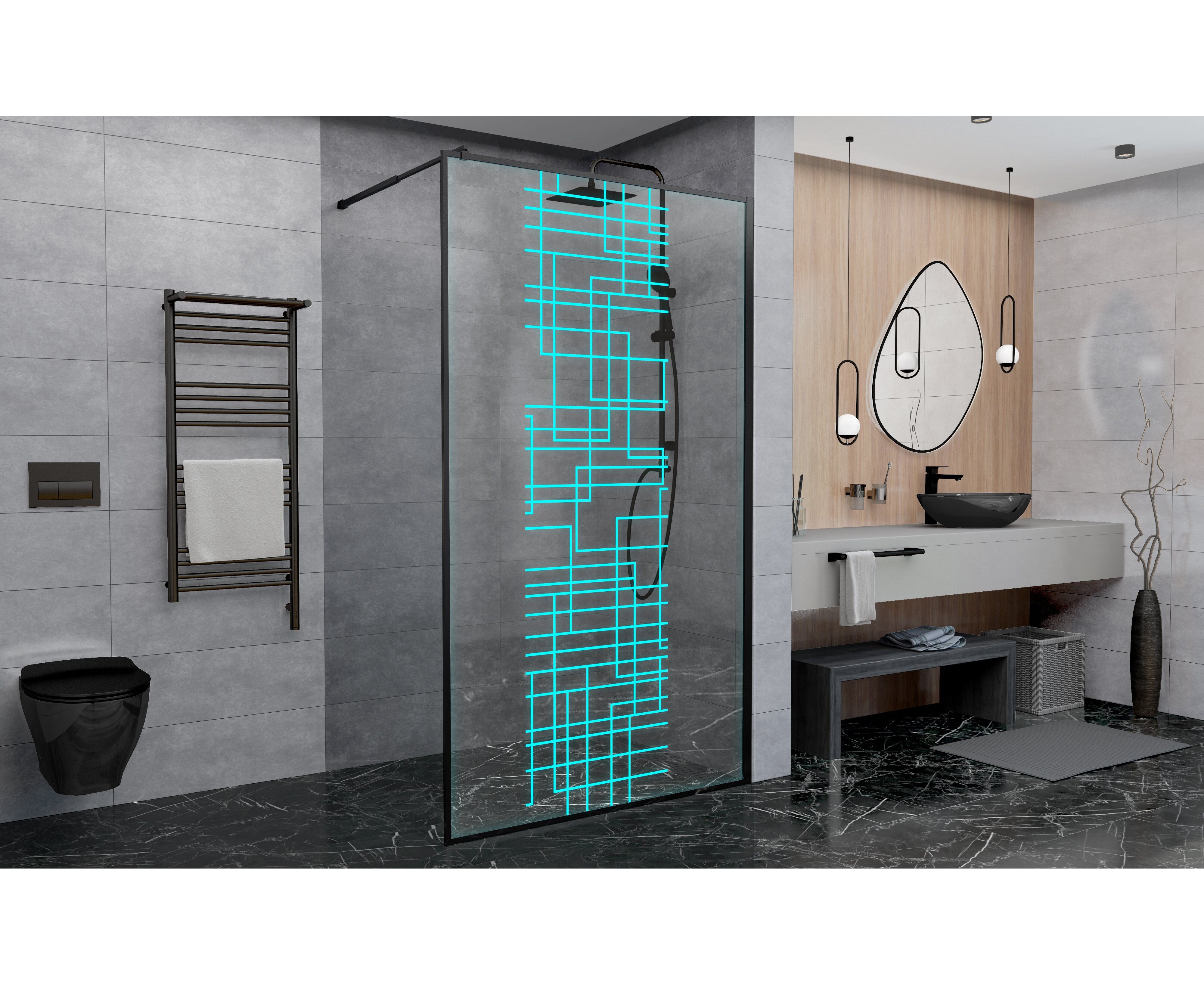 душевой уголок deto lb100 black 100x205 стекла с рисунком, профиль черный