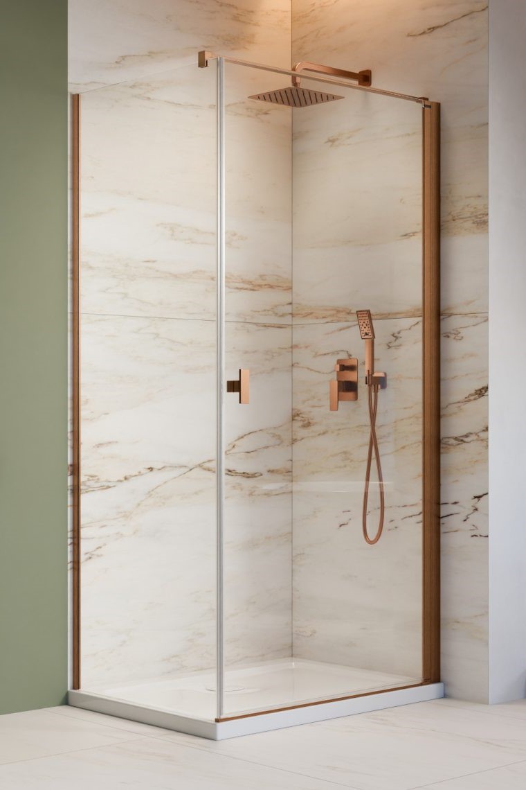 душевой уголок radaway nes brushed copper kdj i 90x90 правый, стекла прозрачные, профиль брашированная медь