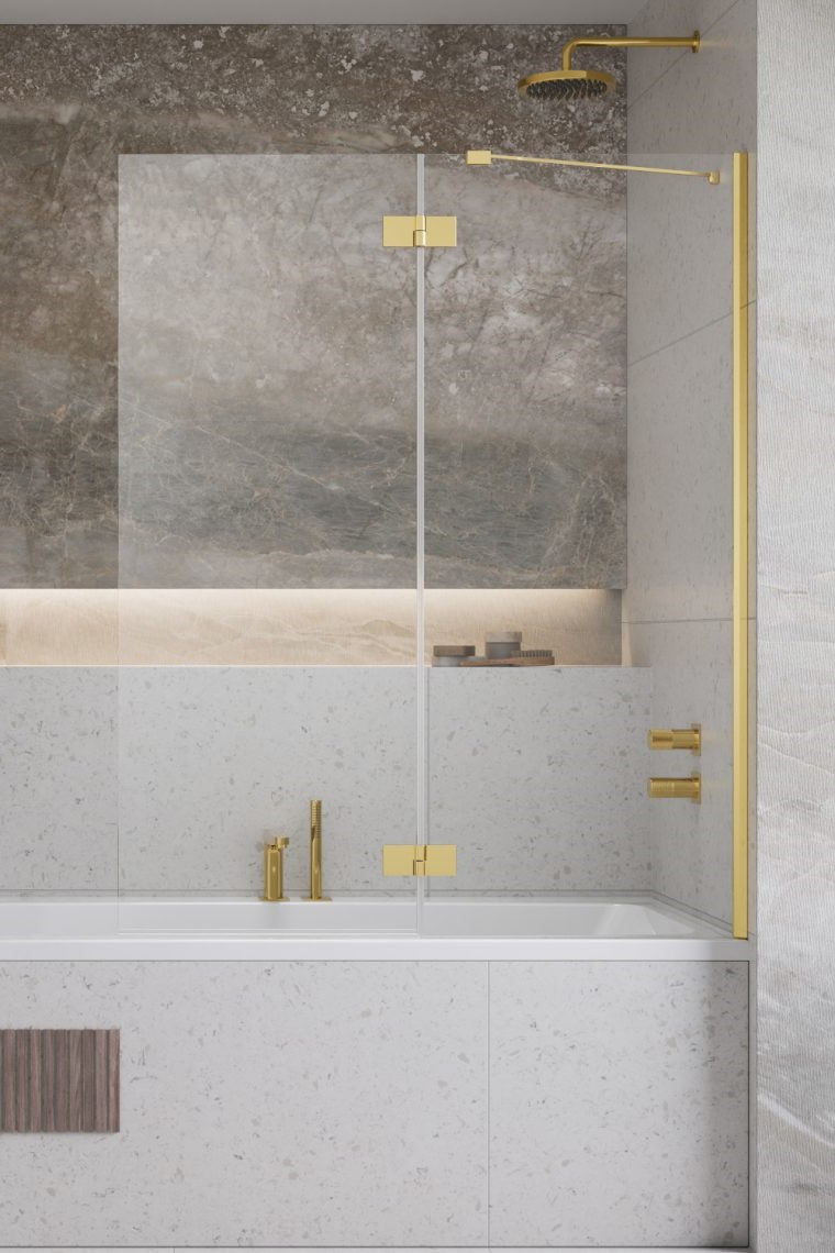 шторка на ванну radaway essenza gold pnd ii 140x150 правая, стекла прозрачные, профиль золото