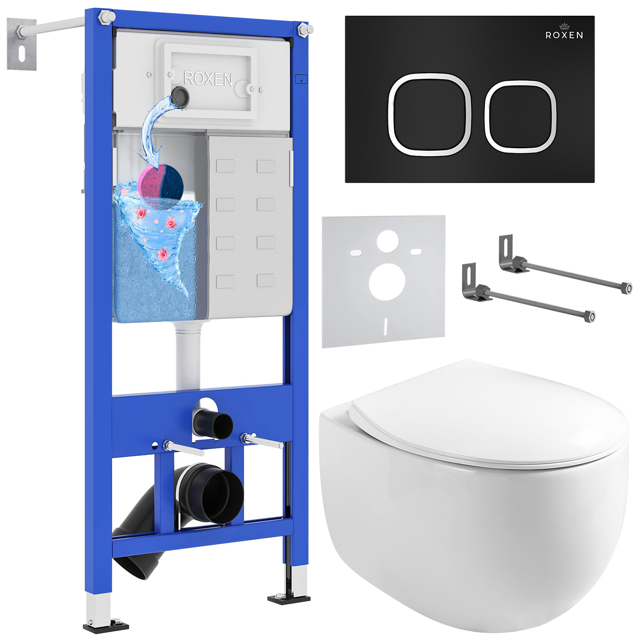 комплект инсталляции для унитаза 6 в 1 roxen stounfix dual fresh 964079 черный матовый/хром, с аромадозатором