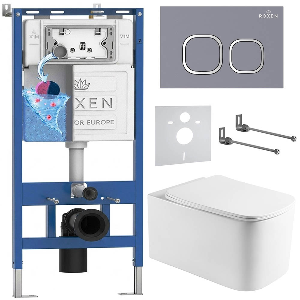 комплект инсталляции roxen 6 в 1 710200 с клавишей смыва roxen santi 410280dg серый бетон и унитазом berg 530235-01