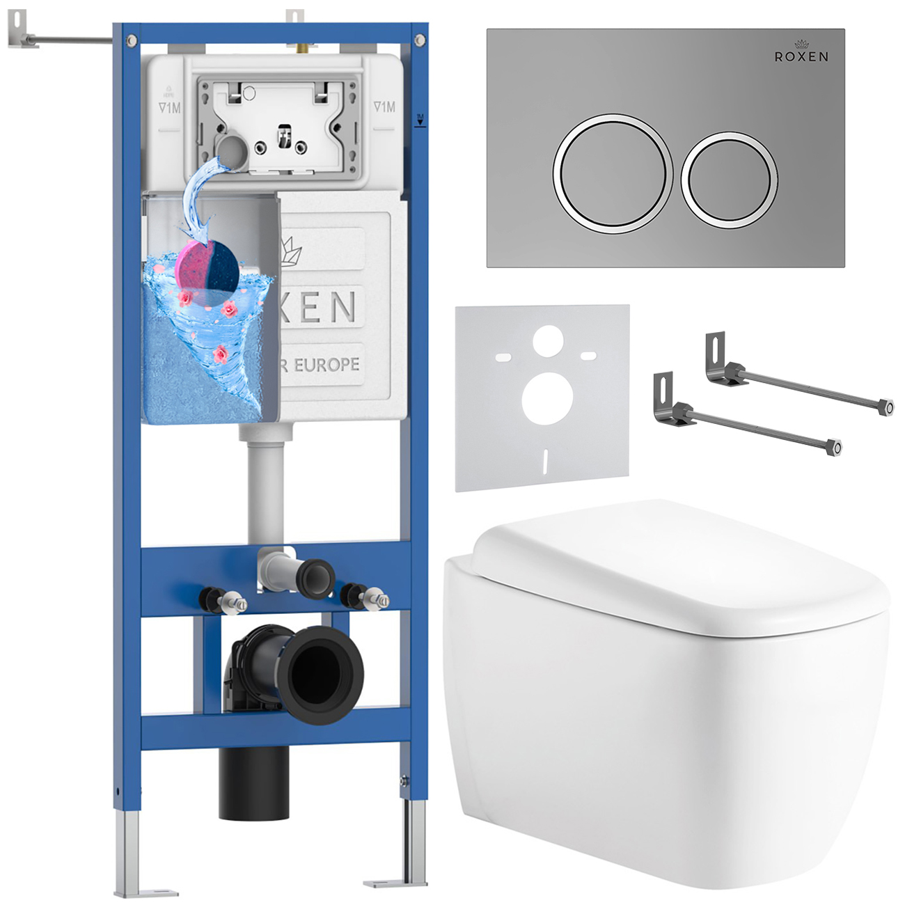 инсталляция roxen stounfix dual fresh 710200 с унитазом 530220-02 и клавишей смыва santi 410260m с аромадозатором