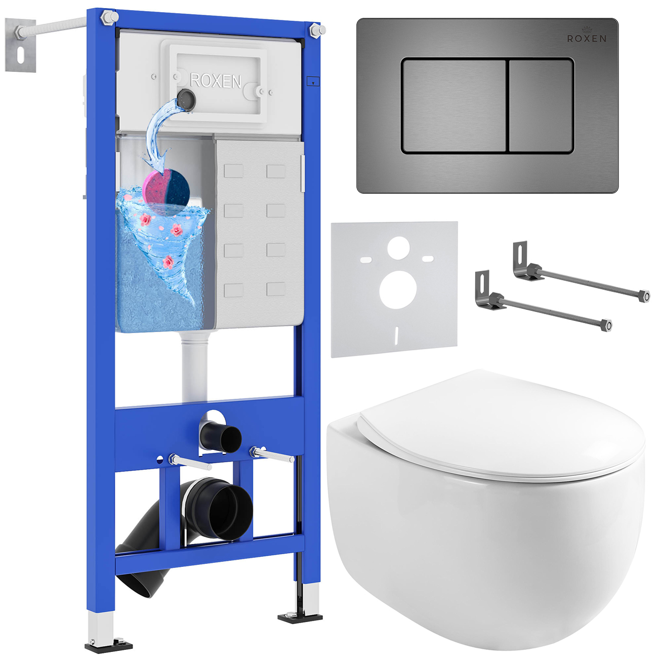 комплект инсталляции для унитаза 6 в 1 roxen stounfix dual fresh 964215 steel оружейная сталь, с аромадозатором