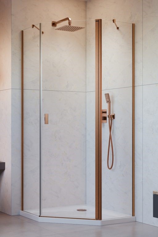 душевой уголок radaway nes brushed copper ptj 100x90 правый, стекла прозрачные, профиль брашированная медь