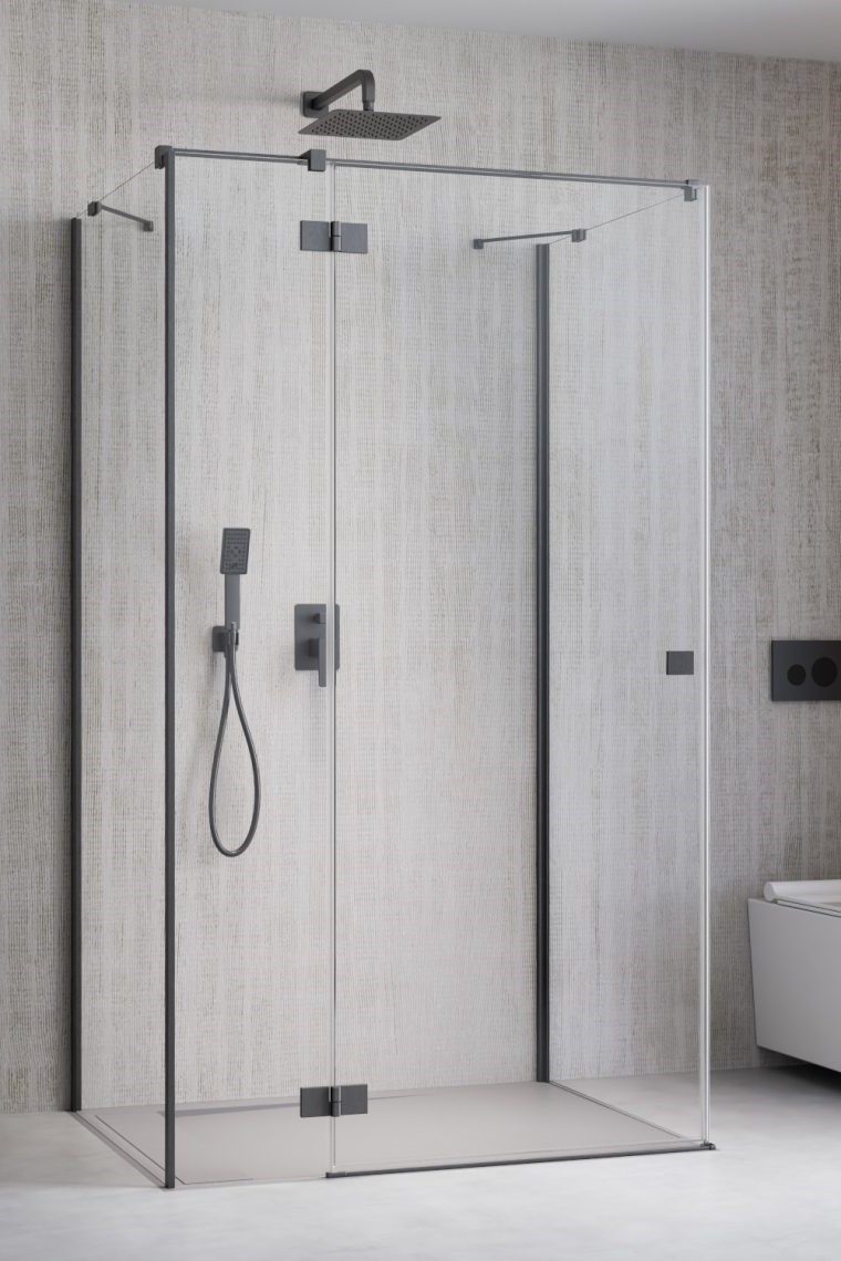 душевой уголок radaway essenza brushed gunmetal kdj+s 110x90 левый, стекла прозрачные, профиль брашированная оружейная сталь