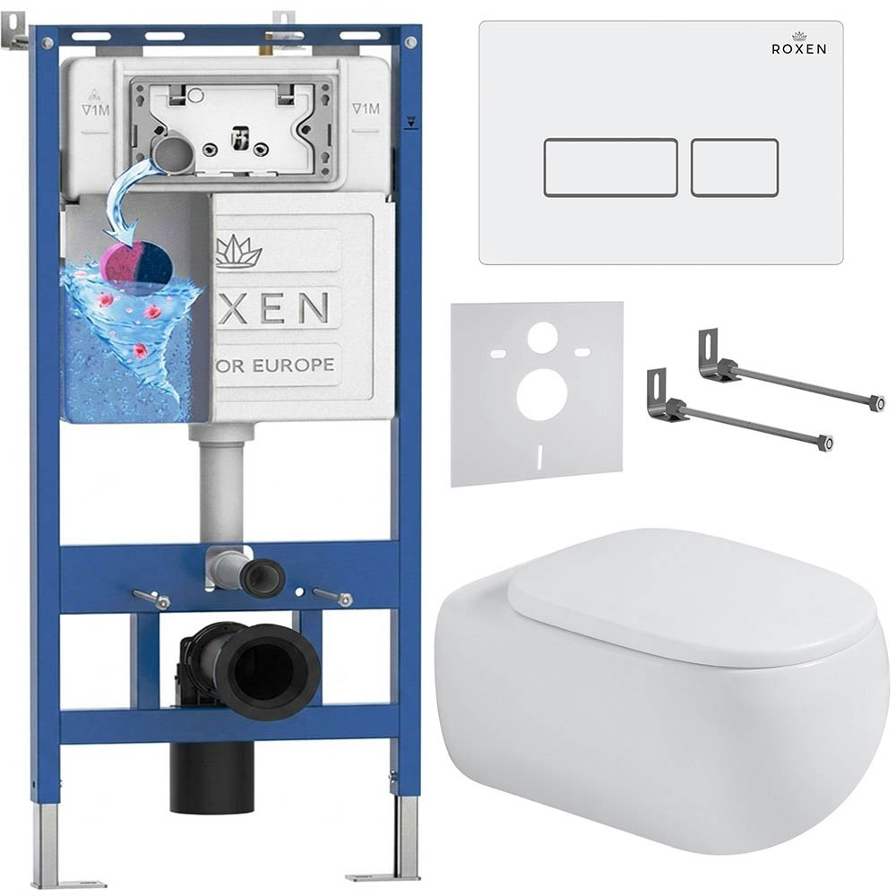 комплект инсталляции roxen 6 в 1 710200 с клавишей смыва roxen caspia 410280w белый глянец и унитазом titan 530230-02