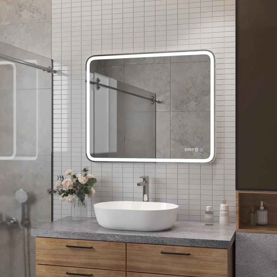 зеркало континент russo led 80x70 с подсветкой, подогревом и часами