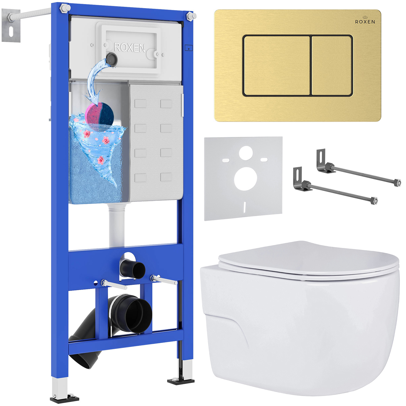 комплект инсталляция roxen stounfix dual fresh 6 в 1 968478 с унитазом porto 530155-01 и клавишей смыва steel 420280gb брашированное золото