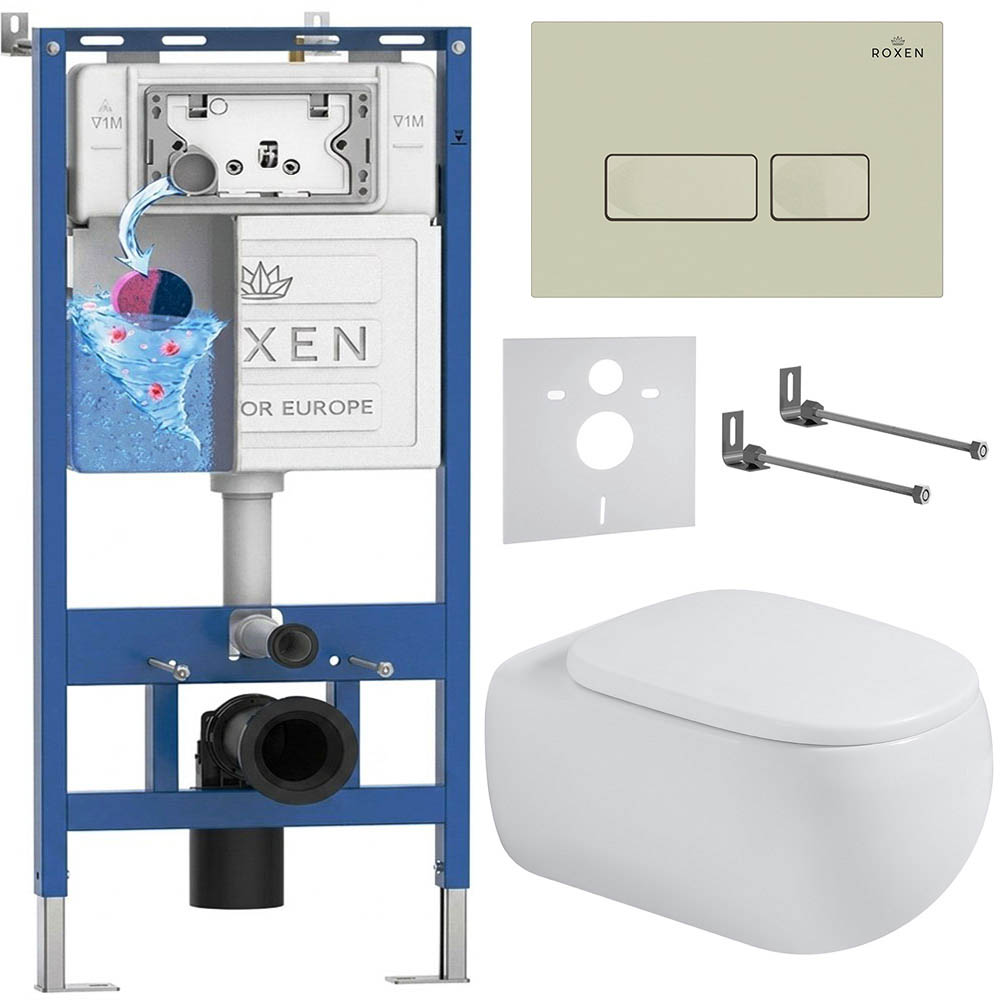 комплект инсталляции roxen 6 в 1 710200 с клавишей смыва roxen caspia 410280bg пастель бежевый и унитазом titan 530230-02
