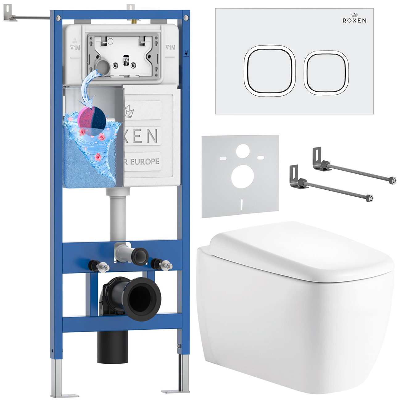 инсталляция roxen stounfix dual fresh 710200 с унитазом 530220-02 и клавишей смыва santi 410280w с аромадозатором