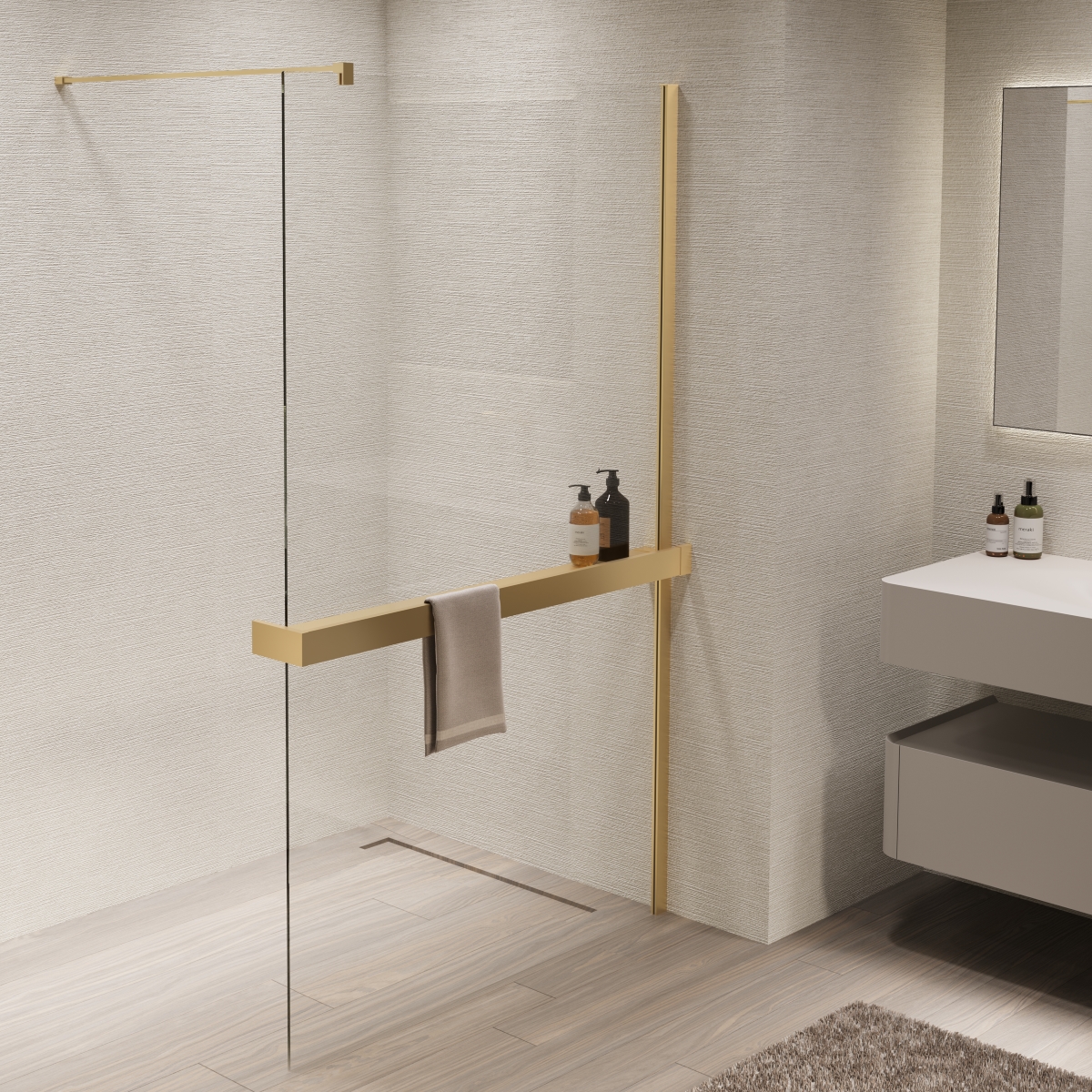 душевой уголок vincea walk-in 110x200 стекла прозрачные, профиль брашированное золото
