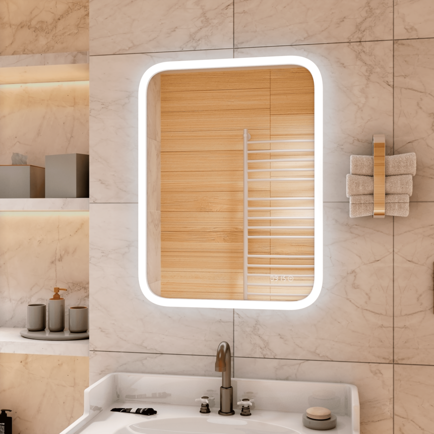зеркало континент glamour led 50x70 с подсветкой, сенсорным управлением, часами и подогревом