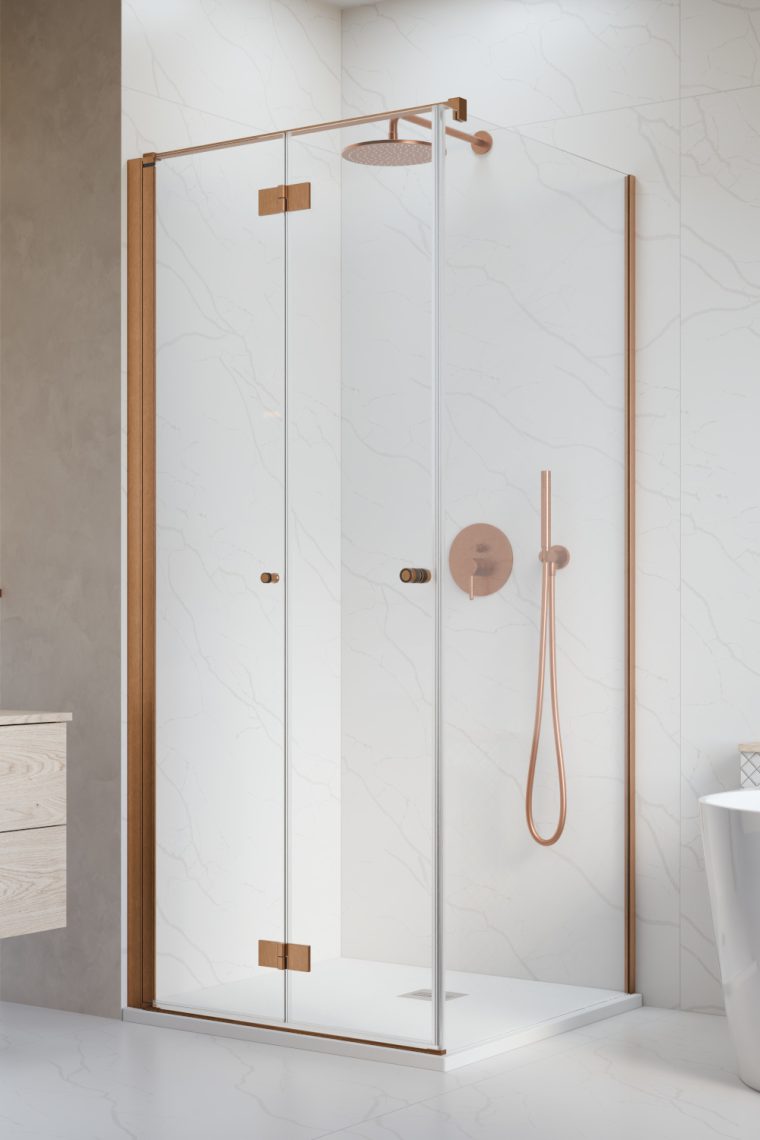 душевой уголок radaway nes brushed copper kdj b 90x100 левый, стекла прозрачные, профиль брашированная медь