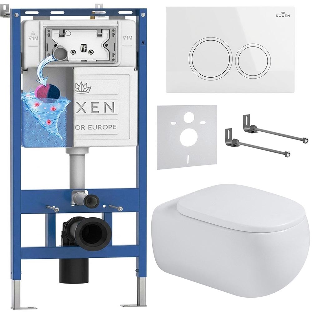 комплект инсталляции roxen 6 в 1 710200 с клавишей смыва roxen santi 410260w белый глянец и унитазом titan 530230-02
