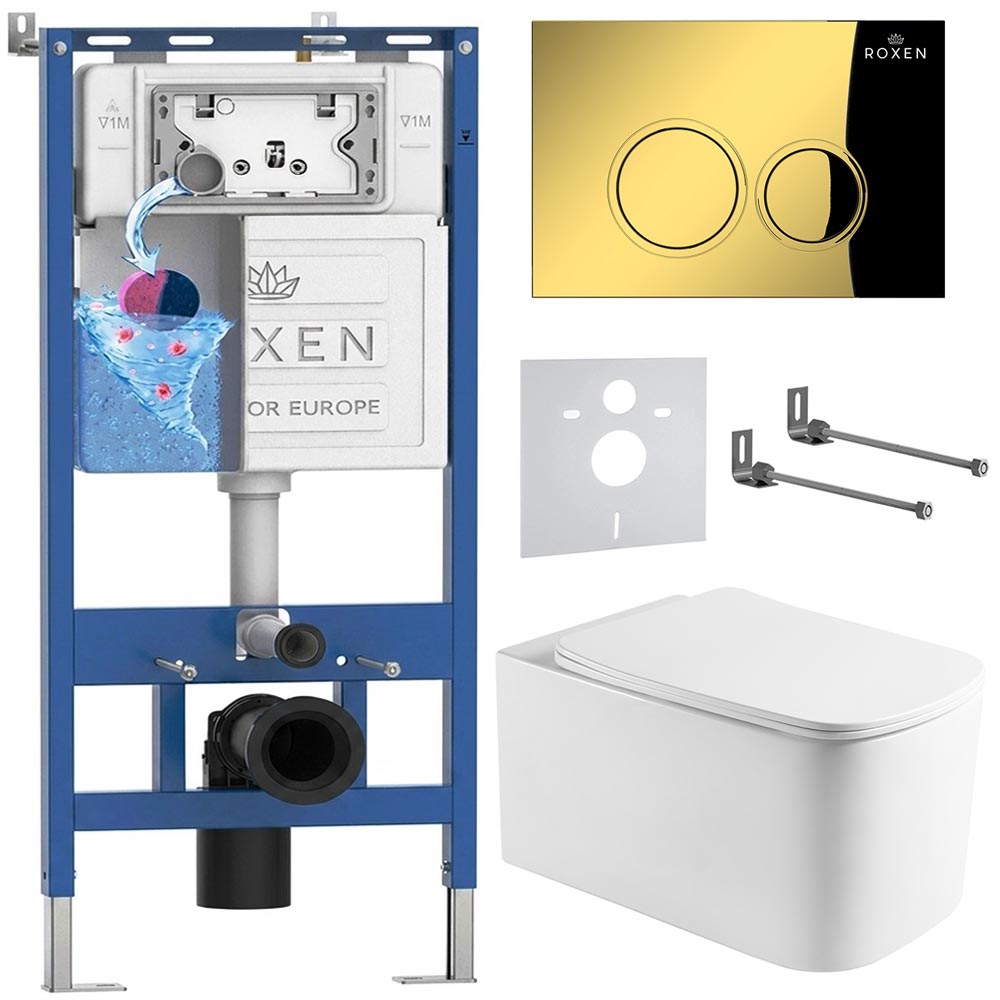 комплект инсталляции roxen 6 в 1 710200 с клавишей смыва roxen santi 410260g золото и унитазом berg 530235-01