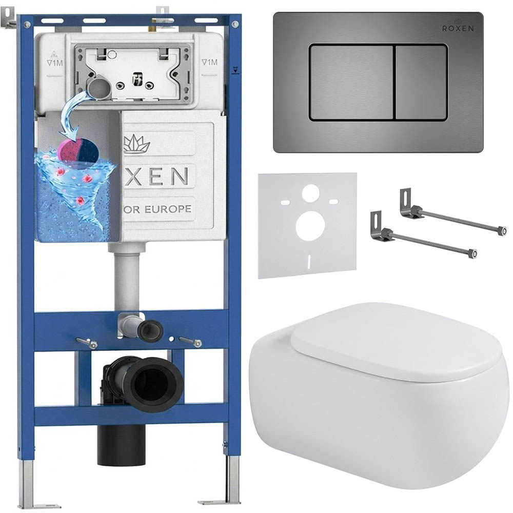 комплект инсталляции roxen 6 в 1 710200 с клавишей смыва roxen steel 420280g оружейная сталь и унитазом titan 530230-02