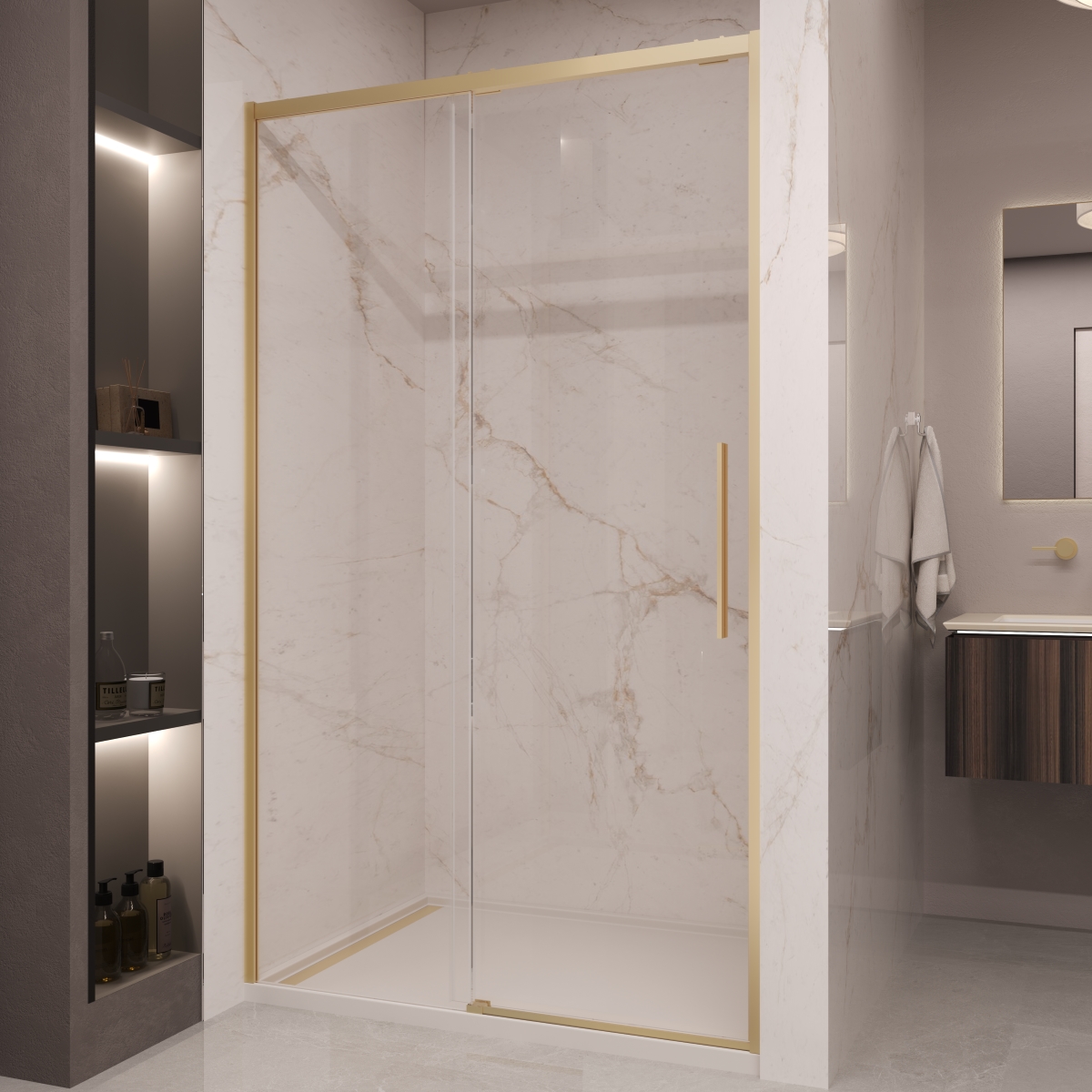 душевая дверь vincea stella vds-1st110clg 110x200 стекла прозрачные, профиль брашированное золото
