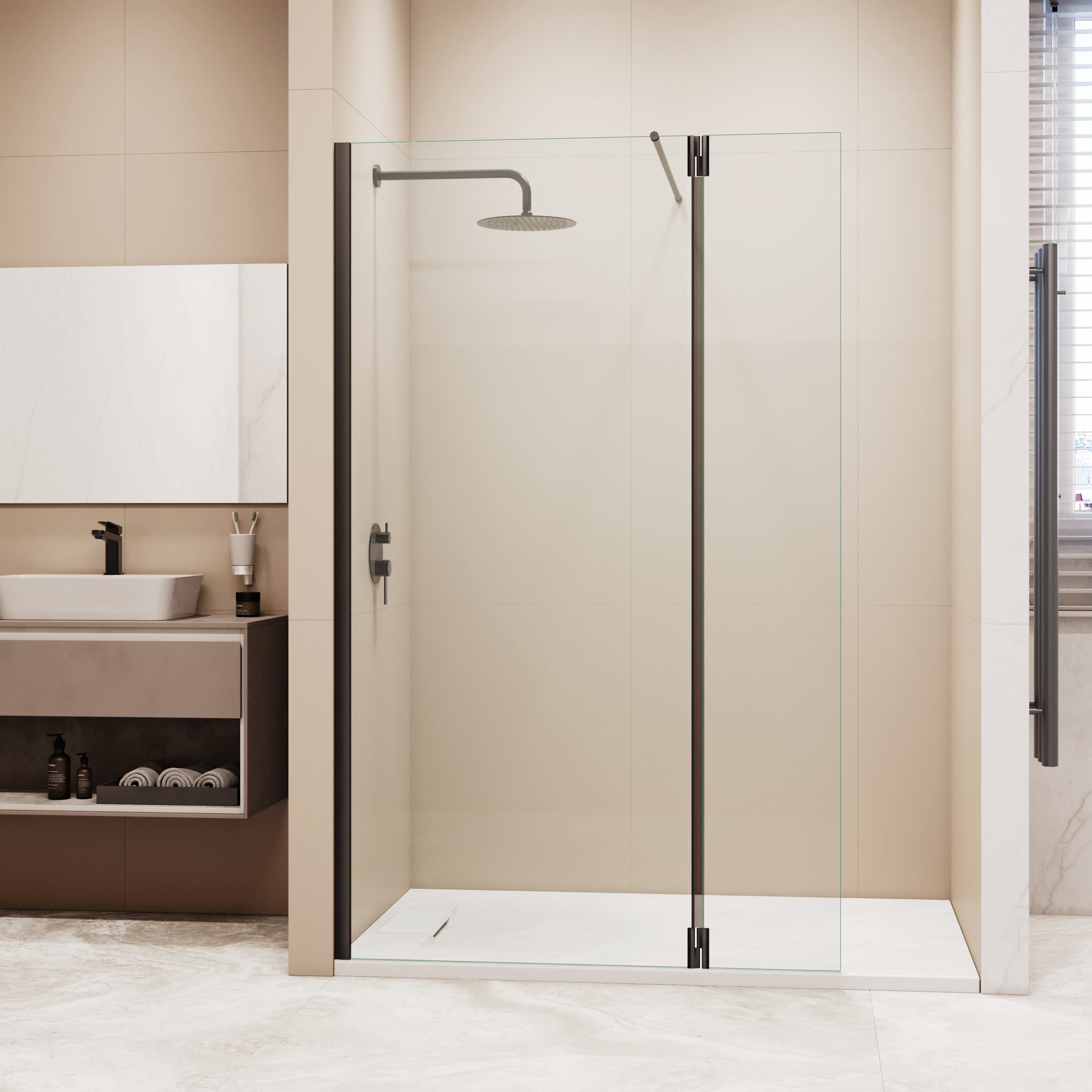 душевой уголок rgw walk in wa-051b (wa-010b + z-071b) 140x195 стекло прозрачное / профиль черный