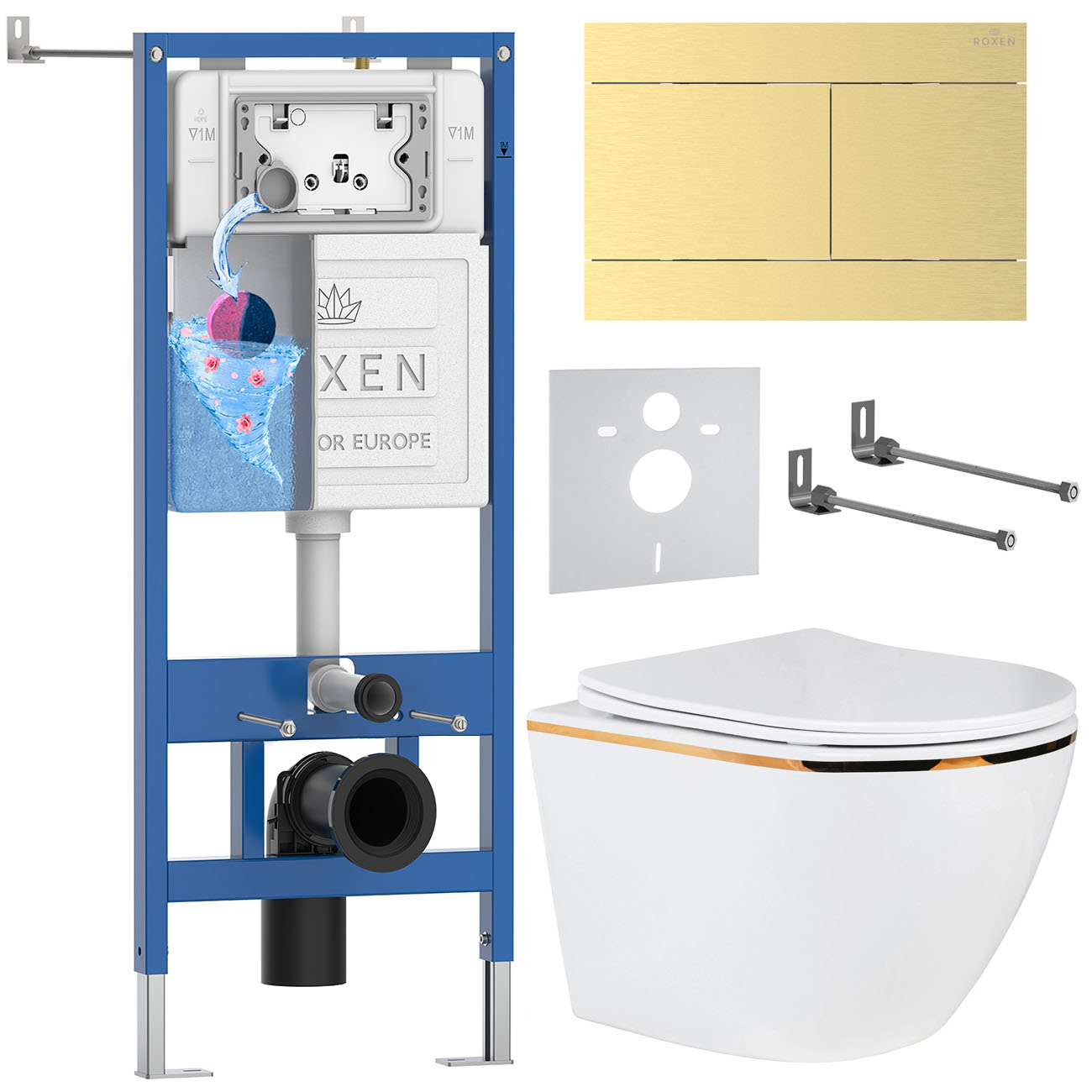 комплект инсталляции roxen 6 в 1 stounfix dual fresh 868646 клавиша брашированное золото