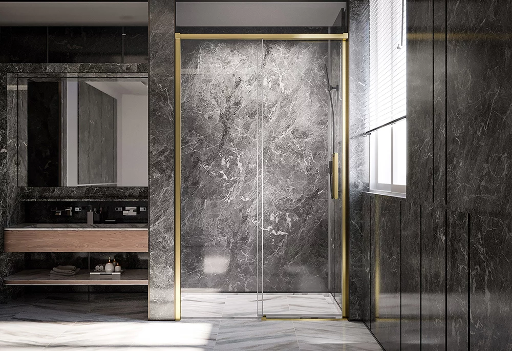 душевая дверь veconi premium trento ptd-40g 150x200 прозрачные стекла / профиль брашированное золото