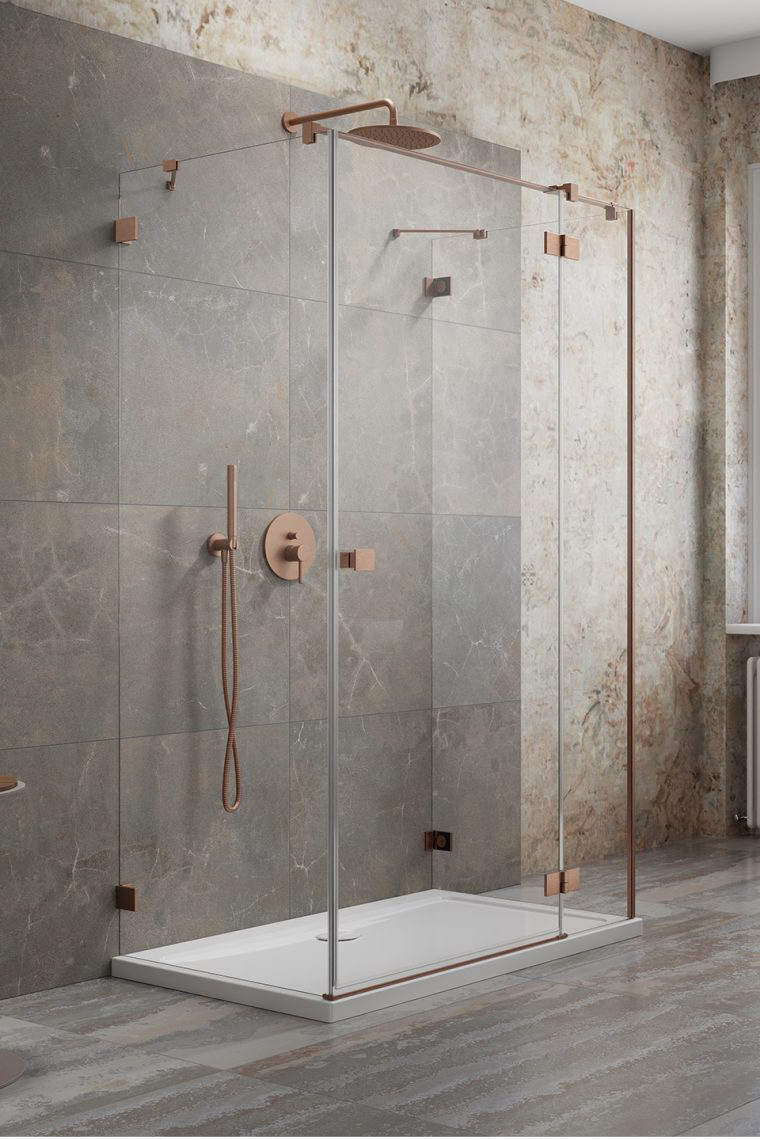 душевой уголок radaway essenza pro brushed copper kdj+s 90x75 правый, стекла прозрачные, профиль брашированная медь