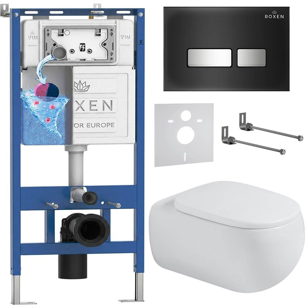 комплект инсталляции roxen 6 в 1 710200 с клавишей смыва roxen glass 430280b черный/хром и унитазом titan 530230-02
