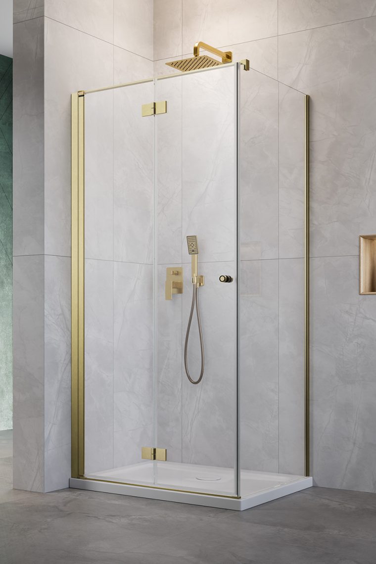душевой уголок radaway nes brushed gold kdj-b 100x100 правый, стекла прозрачные, профиль брашированное золото