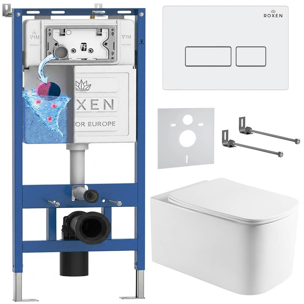 комплект инсталляции roxen 6 в 1 710200 с клавишей смыва roxen caspia 410280m белый и унитазом berg 530235-01