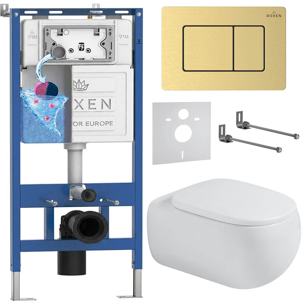 комплект инсталляции roxen 6 в 1 710200 с клавишей смыва roxen steel 420280gb брашированное золото и унитазом titan 530230-02