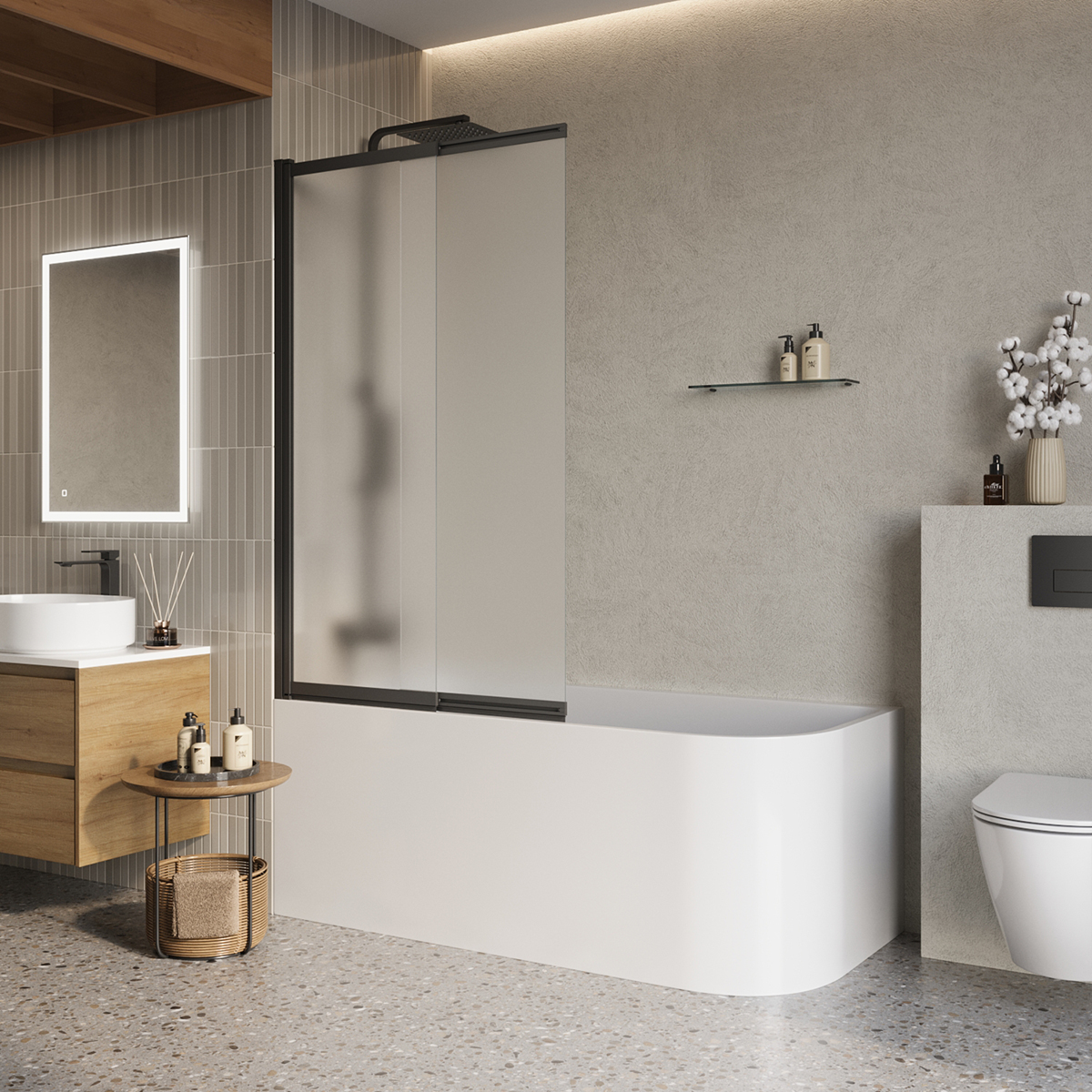 шторка для ванны belbagno luce 90x145 стекло рифленое / профиль черный матовый