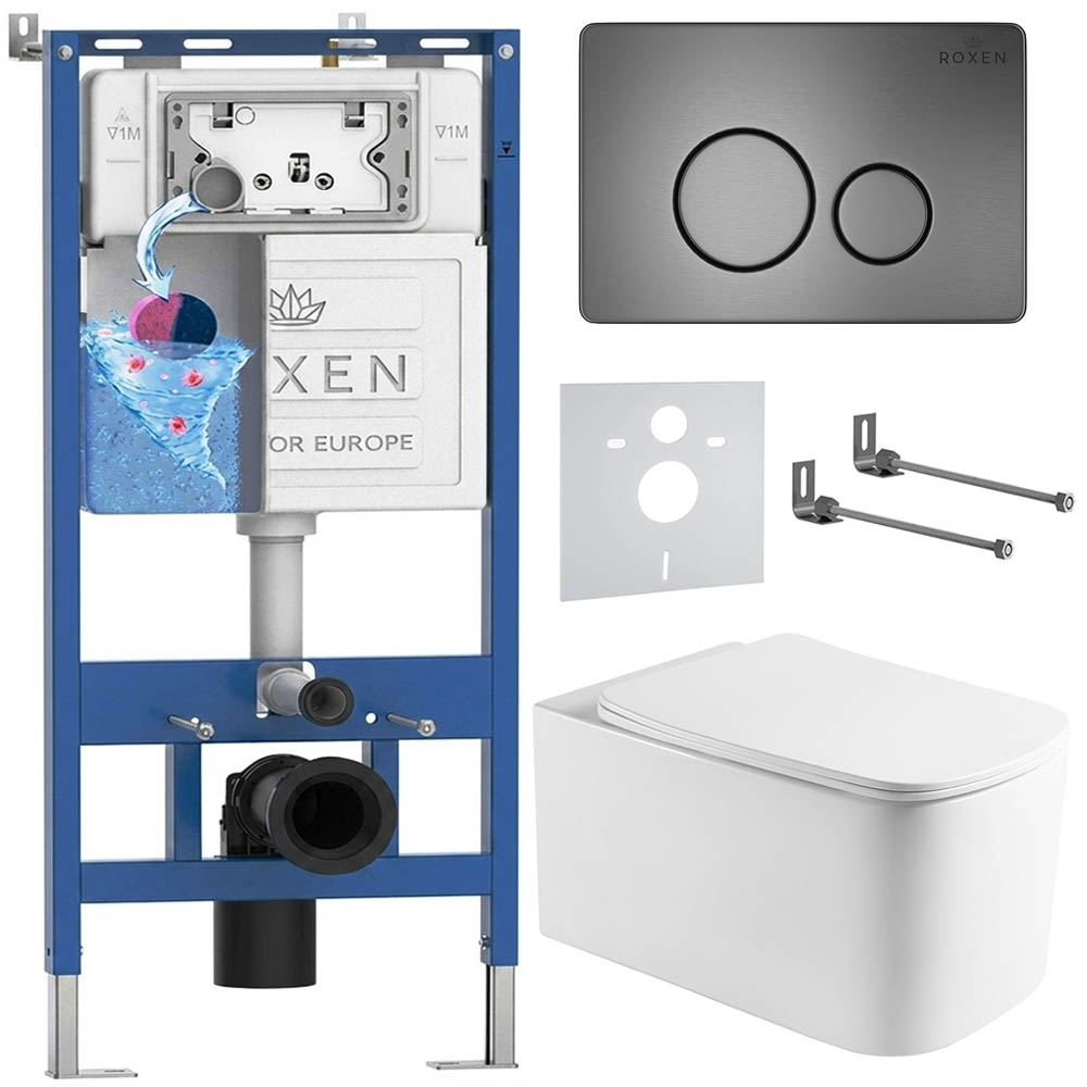 комплект инсталляции roxen 6 в 1 710200 с клавишей смыва roxen steel 420260g оружейная сталь и унитазом berg 530235-01