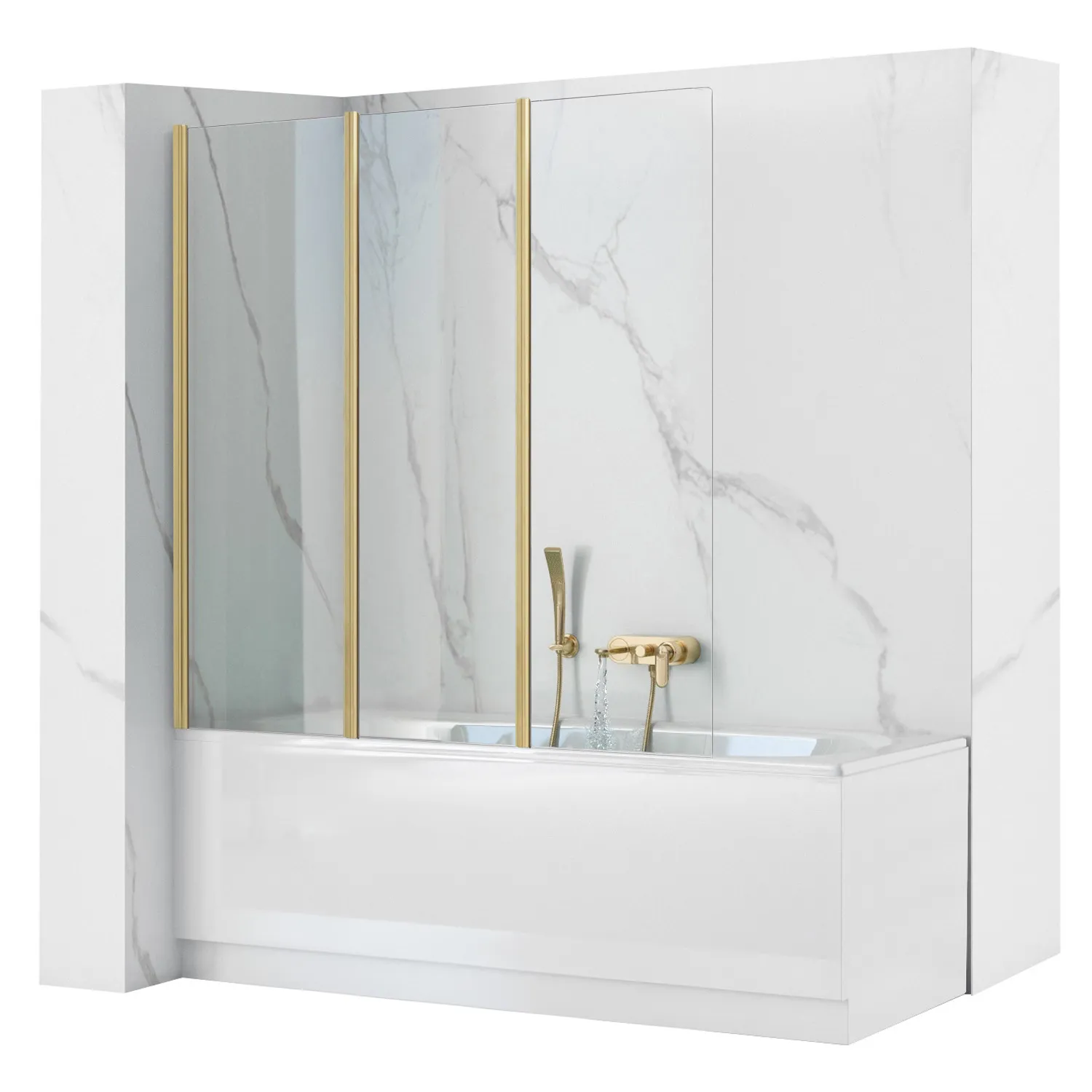 шторка на ванну rea agat-3 120 brush gold 120x140 стекла прозрачные, профиль золото