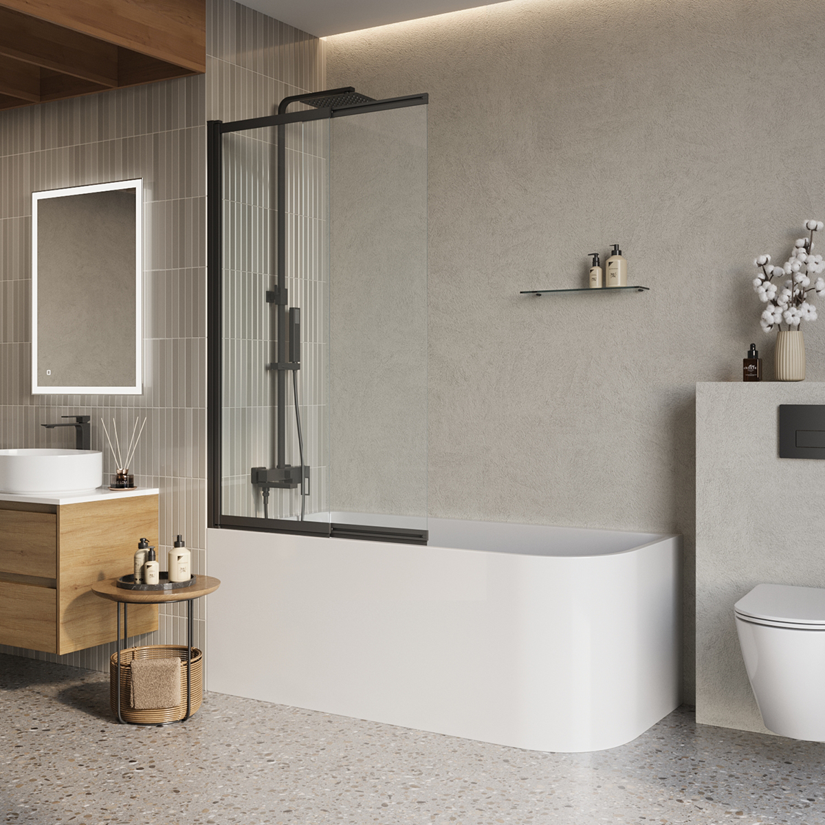 шторка для ванны belbagno luce 80x145 стекло прозрачное / профиль черный матовый