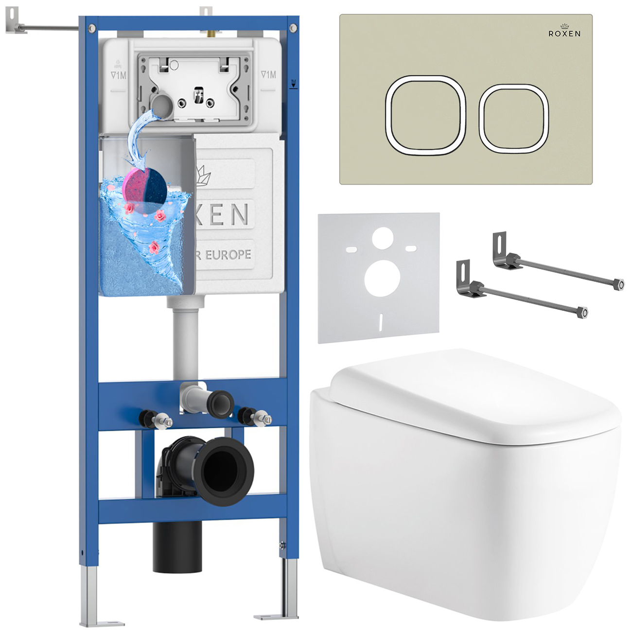 инсталляция roxen stounfix dual fresh 710200 с унитазом 530220-02 и клавишей смыва santi 410280bg с аромадозатором