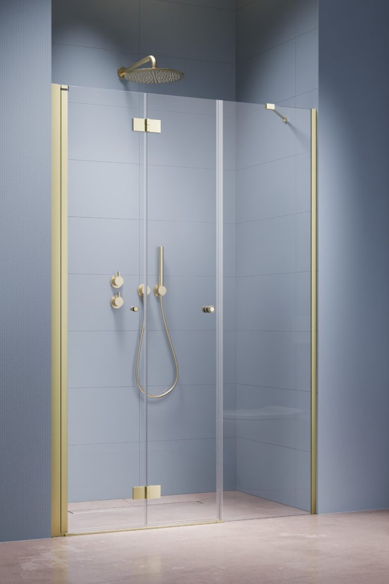 душевая дверь radaway nes 6 brushed light gold dws b (dws b door 850 l+dws b front walls 450) 130x200 левый, стекла прозрачные, профиль брашированное светлое золото