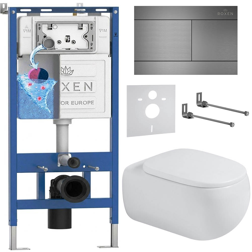 комплект инсталляции roxen 6 в 1 710200 с клавишей смыва roxen velar 420300gm оружейная сталь и унитазом titan 530230-02