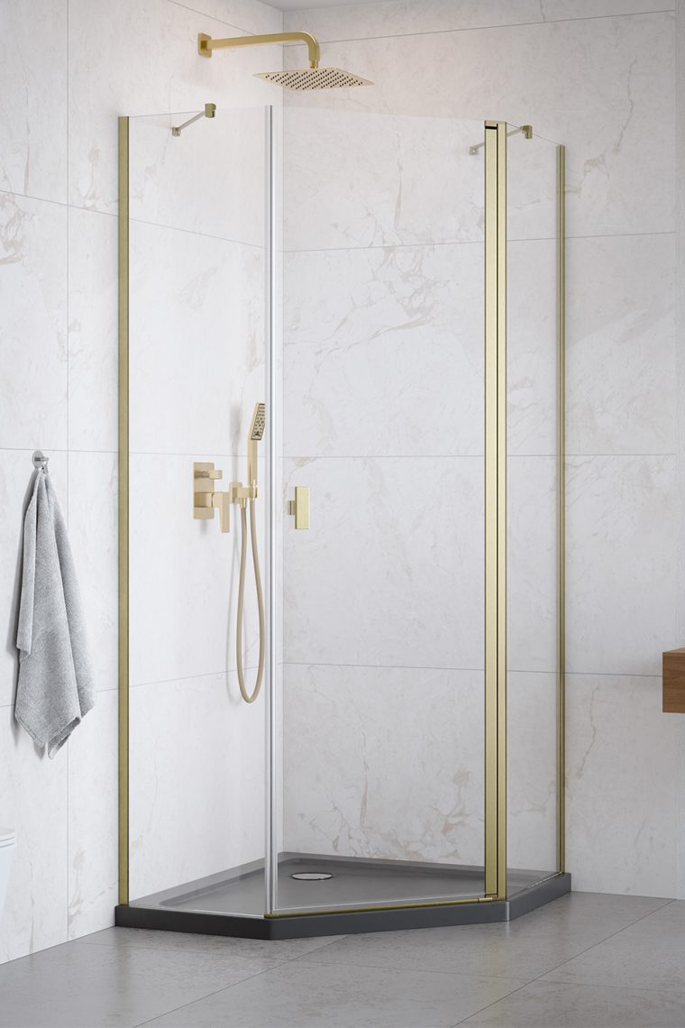 душевой уголок radaway nes brushed gold ptj 100x90 правый, стекла прозрачные, профиль брашированное золото