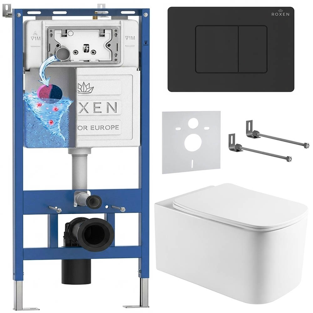 комплект инсталляции roxen 6 в 1 710200 с клавишей смыва roxen steel 420280bm черный и унитазом berg 530235-01