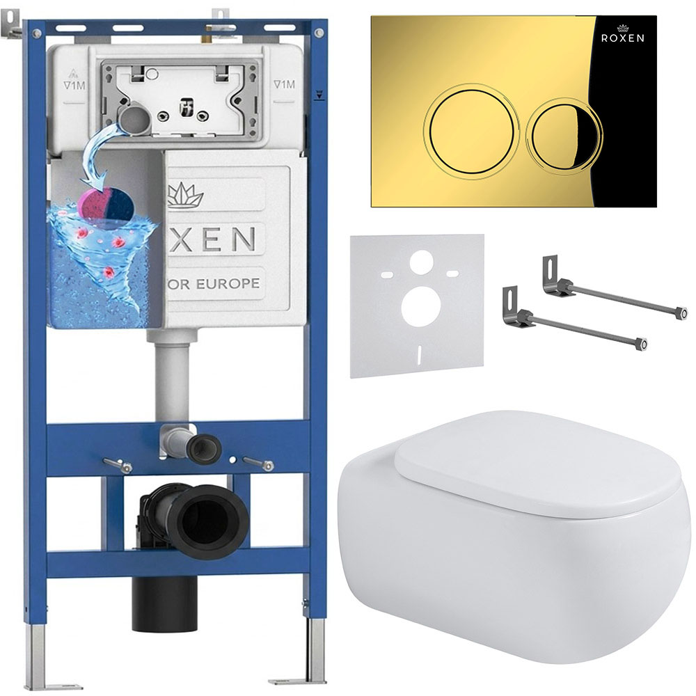 комплект инсталляции roxen 6 в 1 710200 с клавишей смыва roxen santi 410260g золото и унитазом titan 530230-02