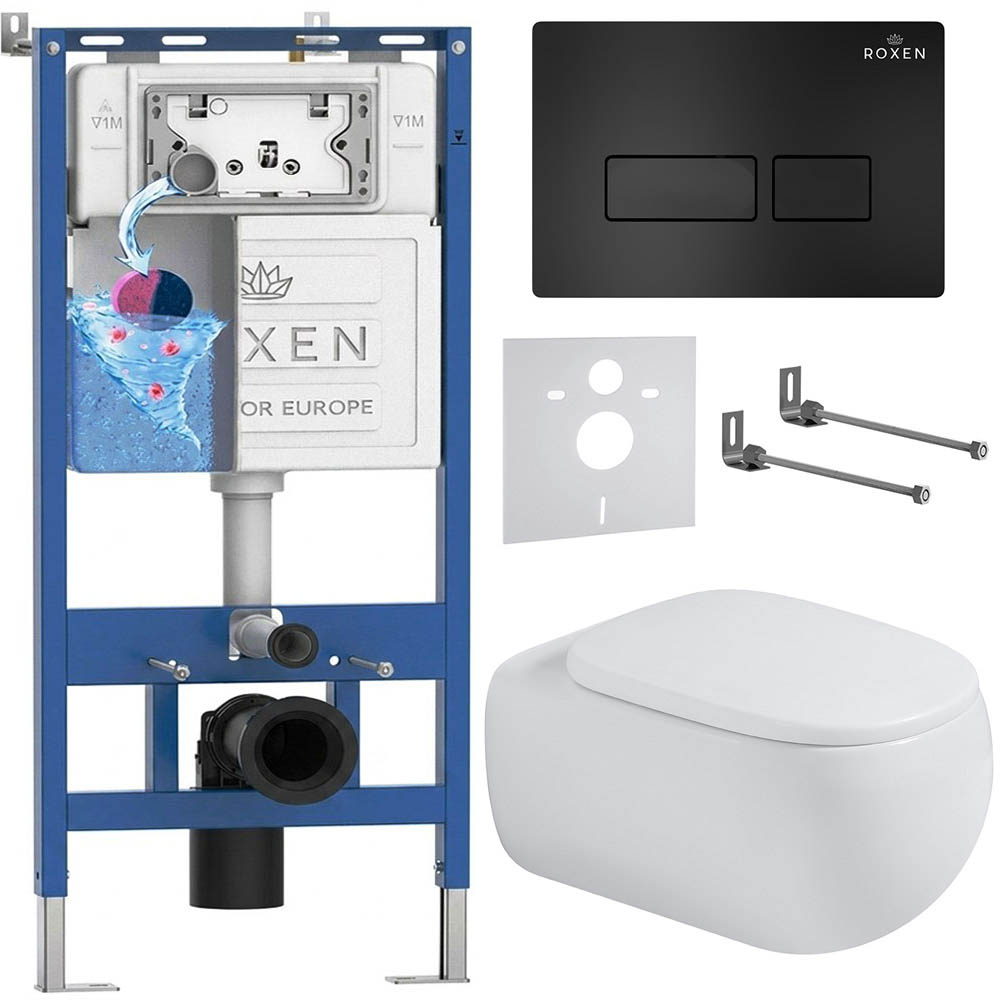 комплект инсталляции roxen 6 в 1 710200 с клавишей смыва roxen caspia 410280b черный и унитазом titan 530230-02